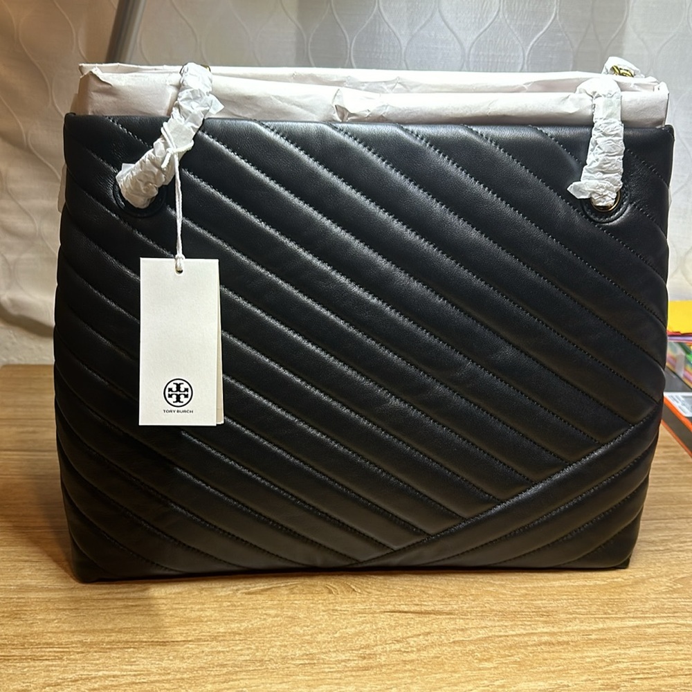 New Tory Burch Black Tote with Golden Chain Kira Chevron  New $598 - Picture 5 of 9